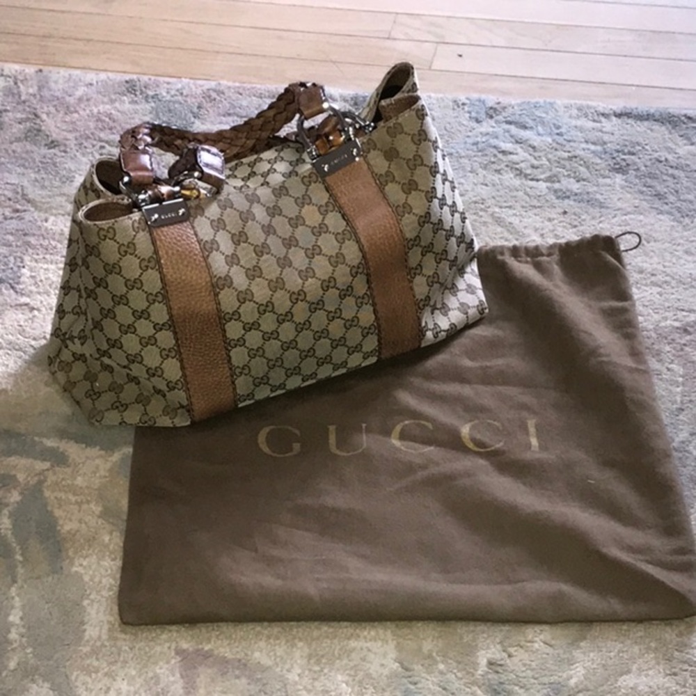 Gucci Beige GG Monogram Canvas Hobo with Brown Leather Trim